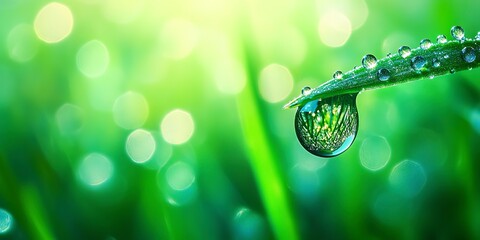 Poster - Close-up of a dewdrop on grass with a bokeh effect, featuring vibrant green hues and a fresh, serene atmosphere. 