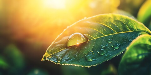 Wall Mural - A single dewdrop sits on a green leaf, glistening in the warm morning sun