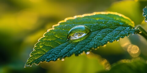 Wall Mural - dewdrop on a green leaf. single dewdrop on a green leaf, illuminated by the morning sun
