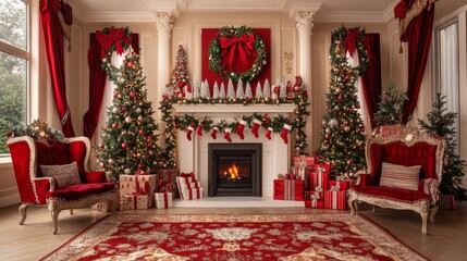 Wall Mural - Festive Christmas fireplace Winter and Christmas holidays background