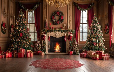 Wall Mural - festive christmas fireplace winter and christmas holidays background