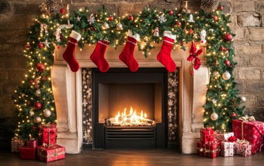 Wall Mural - Festive Christmas fireplace Winter and Christmas holidays background