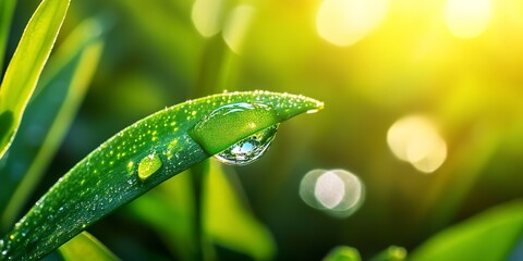 Wall Mural - Macro shot of a dewdrop glistening on a vibrant green blade of grass in sunlight.