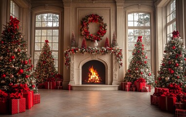 Wall Mural - Festive Christmas fireplace Winter and Christmas holidays background