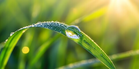 Wall Mural - close-up of dewdrop on a blade of grass in sunlight.