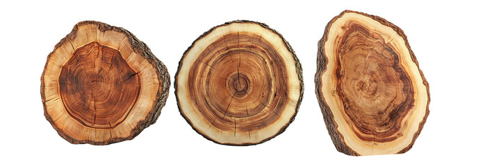 Wood slices set isolated on transparent background, natural wood slices for decoration and design