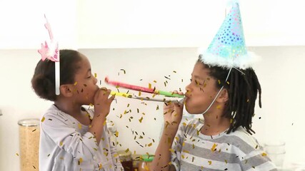 Poster - Blowing party horns with confetti animation, children celebrating at party