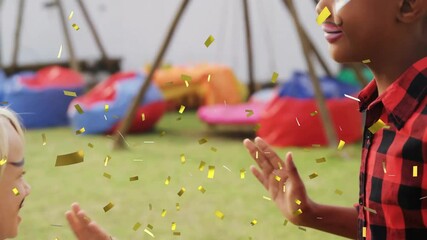 Poster - Confetti animation over child smiling and giving high five outdoors