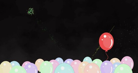 Poster - Fireworks animation lighting up colorful balloons on dark background