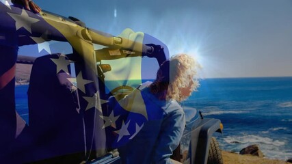 Wall Mural - Bosnia and herzegovina flag animation over woman enjoying sunny day by ocean