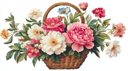 Sticker - A basket filled with flowers of various colors, including white, pink, and blue