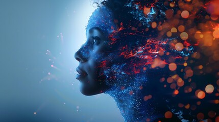 Wall Mural - Abstract illustration depicting a woman's profile, her face is made up of blue and red lights, the background is a dark blue with red bokeh lights.