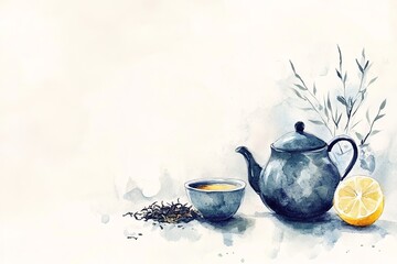 A minimalist watercolor featuring a teapot and two cups