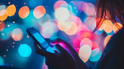 woman using her smartphone in a dimly lit environment, with blurry lights creating a colorful bokeh effect in the background. The image portrays the ubiquitous nature of technology in our lives.