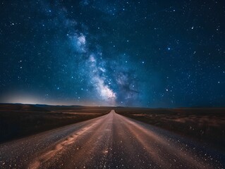 A starlit road stretching through a dark landscape under a breathtaking view of the Milky Way galaxy at night