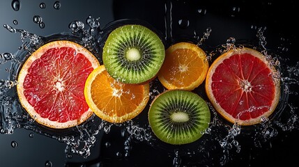 Vibrant Kiwi, Grapefruit, and Orange Slices Artfully Arranged with Water Droplets – Perfect for a Sports Décor Poster or Kitchen Wall Art