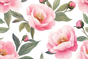 Wall Mural - Seamless pattern with watercolor soft pink peonies and leaves on a white background