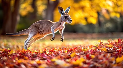 Wall Mural - Bouncing kangaroo joey jumping from a pile of red and yellow autumn leaves in park