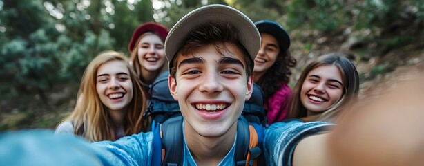 Wall Mural - Group of Friends Taking Selfie in the Forest