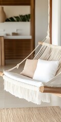 White Hammock With Fringe And Two Pillows