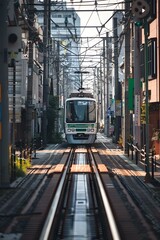 train tracks in narrow street of city