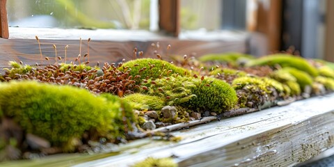 Wall Mural - Green Moss Growing on Wooden Windowsill