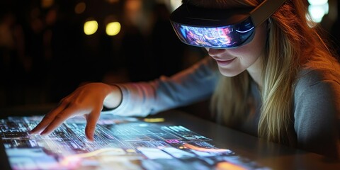 Focused image of a user interacting with an AR display, pulling and stretching digital content in real-time, highly responsive and immersive