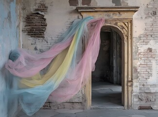 Wall Mural - Colorful Fabric Hanging In Old Doorway