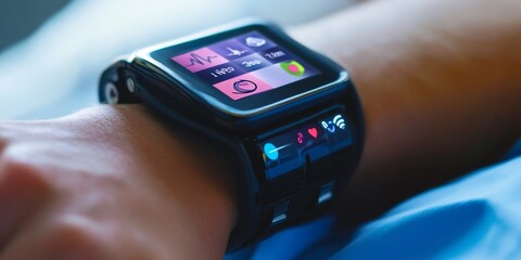 Fototapete - a healthcare IoT solution, wearable device transmitting patient data to a medical app, enhancing healthcare delivery