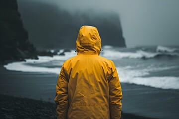 person in yellow raincoat on the beach