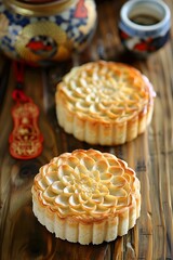 Two Chinese Mooncakes on Wooden Table