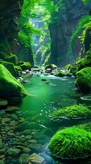 Wall Mural - Green Stream Flowing Through Moss Covered Rocks in a Lush Forest