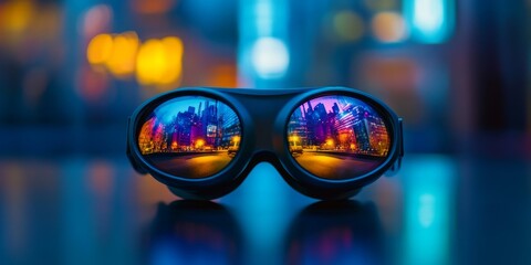 Wall Mural - Focused image of a VR headset resting on a table, reflecting a vibrant virtual world within its lenses, portal to immersive experiences