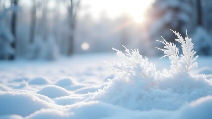 Wall Mural - A frosted plant bathed in soft sunrise light against a snowy, serene winter landscape