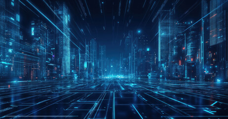 Aufkleber - Futuristic cityscape with abstract glowing blue lines concept of innovation and technology. High quality photo