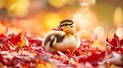 Wall Mural - Frisky duckling waddling out of a pile of red and yellow autumn leaves in park