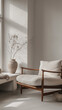 © ADDICTIVE STOCK CORE - Serene minimalist interior with wooden armchair and vase. Generative AI image