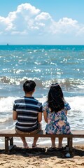 Wall Mural - Couple Sitting on a Bench Facing the Sea