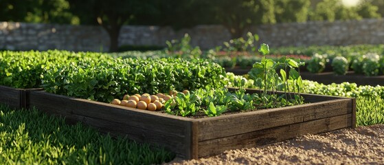 Wall Mural - A Wooden Raised Garden Bed with Orange Produce and Green Plants