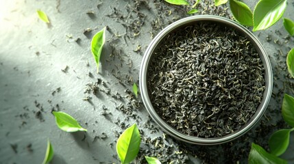 A Bowl of Fresh Green Tea Leaves on a Rustic Surface