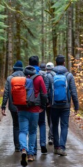 Wall Mural - Group Of Men Hiking In A Forest