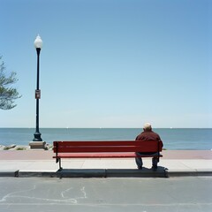 Wall Mural - Man Sitting on Red Bench by the Sea