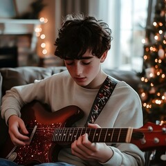 Young Man Playing Guitar in Front of Christmas Tree