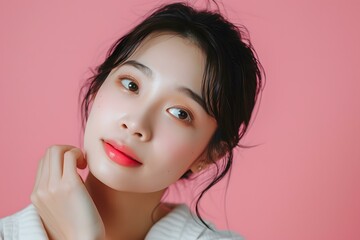 Poster - Young Woman With Pink Makeup  Looking Away On Pink Background