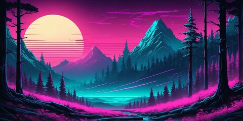 Wall Mural - synthwave illustration of a forest for banner background