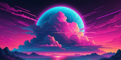 Wall Mural - synthwave illustration of a cloud for banner background