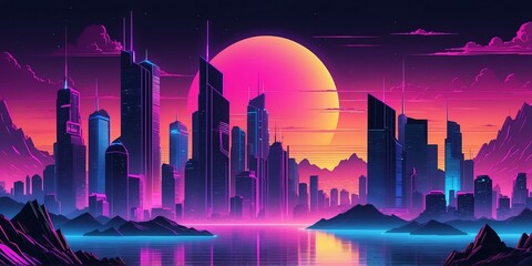 synthwave illustration of a city for banner background