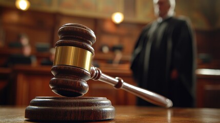 Legal gavel in focus with a blurred figure in judicial robes in the background, courtroom scene