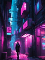 Wall Mural - portrait of a cyberpunk alleyways in synthwave background