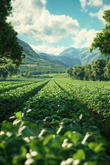 Lush Green Strawberry Fields Nestled in the Picturesque Mountain Landscape